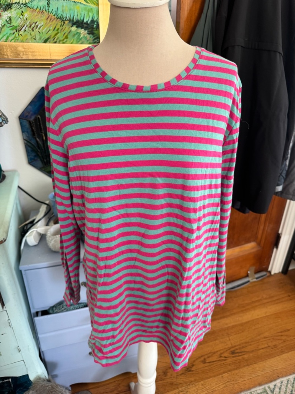 Gudrun Sjoden Striped Pink and Turquoise Long Sleeve Tee Shirt Top L Cotton VGUC